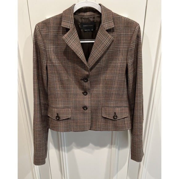 BCBGMaxAzria Jackets & Blazers - BCBGMaxazria Brown Glen Plaid Blazer Size Medium Wool Preppy Elbow Patches Crop‎
